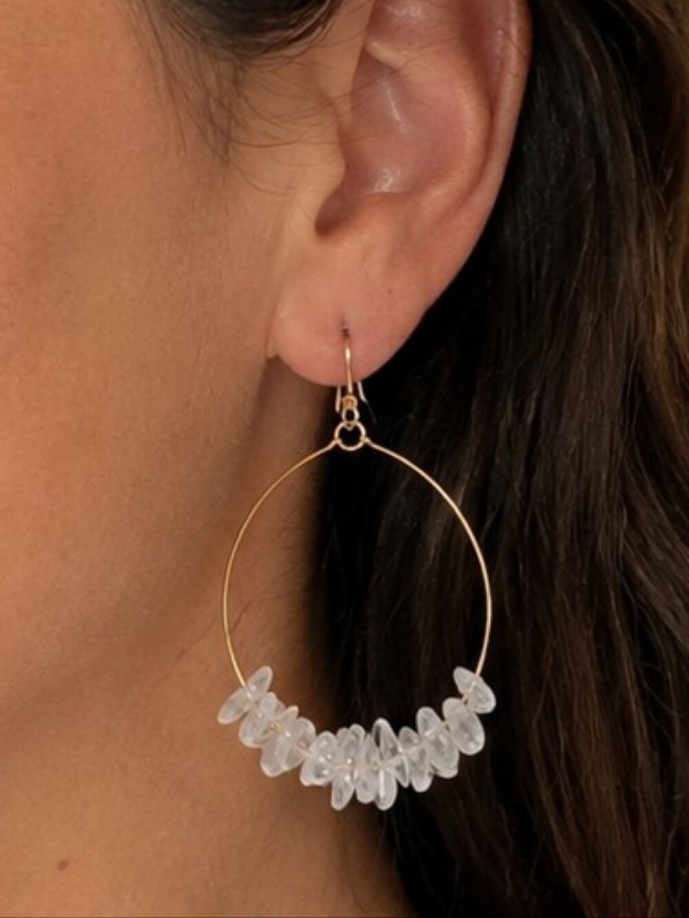 ZAD Gold Tone Large Hoop Earrings White Agate Stone Chips Boho NWT